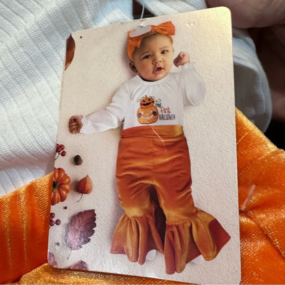 My First Halloween Pumpkin Costume Set - Orange velvety flare pants size 6 month